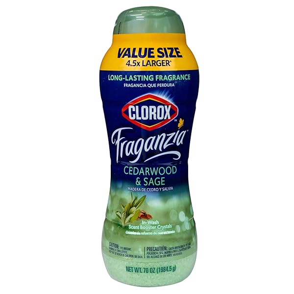 CLOROX FRAGANZIA LAUNDRY SCENT BOOSTER CRYSTALS, IN-WASH FRAGRANCE BEADS FOR FRESH-SMELLING CLOTHES & LINENS, SAFE FOR ALL FABRICS & COLORS, EASY-POUR BOTTLE, CEDARWOOD & SAGE, 70 OZ