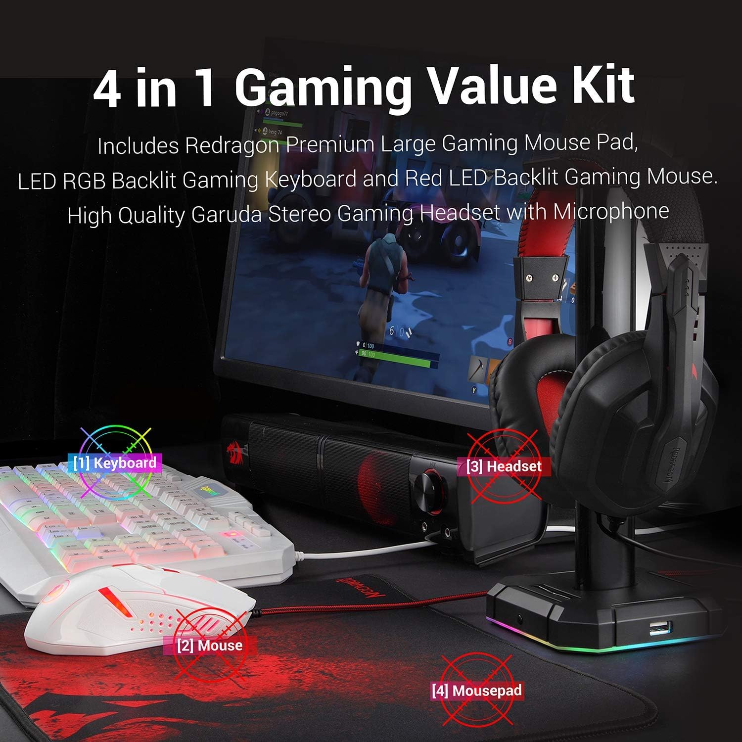 Redragon S101 Wired RGB Backlit Gaming Keyboard and Mouse, Gaming Mouse Pad, Gaming Headset Combo All in ONE PC Gamer Bundle for Windows PC – (White): Computers & Accessories