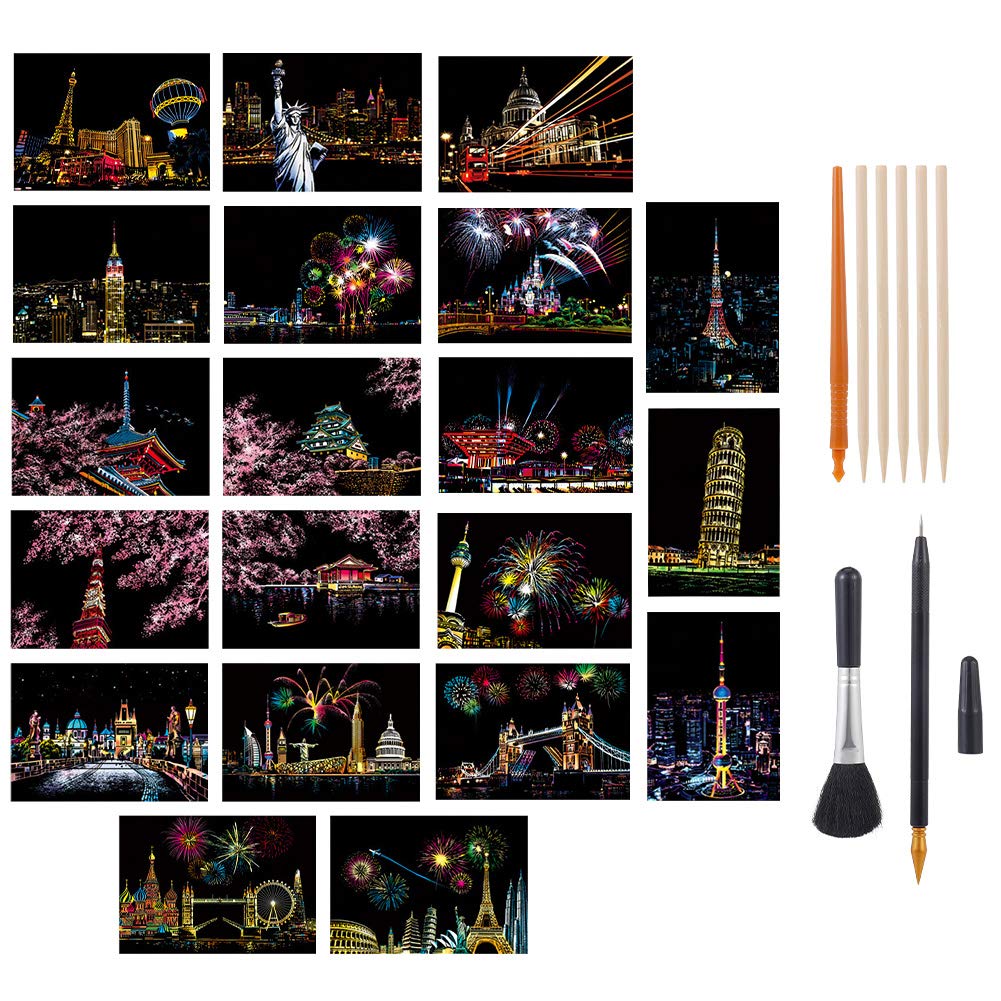 tao Pipe 20PCS Scratch Art Paper DIY Night View Scratchboard Rainbow Painting Art Craft Scratch World Famous City Landmarks DIY Art Set with Tools Kit (A5 Size)