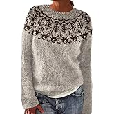 Women's Fair Isle Knit Pullover Sweater Oversized Casual Loose Crewneck Vintage Striped Long Sleeve Jumper Tops