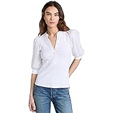 Veronica Beard Women's White Coralee Puff-Sleeve Top Ribbed Knit Short Sleeve T-Shirt