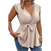 SweatyRocks Women's Plus Size Lace Trim Cap Sleeve Wrap V Neck Belted Peplum Shirt Top