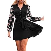 CUPSHE Womens Fall Dresses V Neck Floral Long Sleeve Button Belted Short Work Casual Outfit Flowy Mini Dress