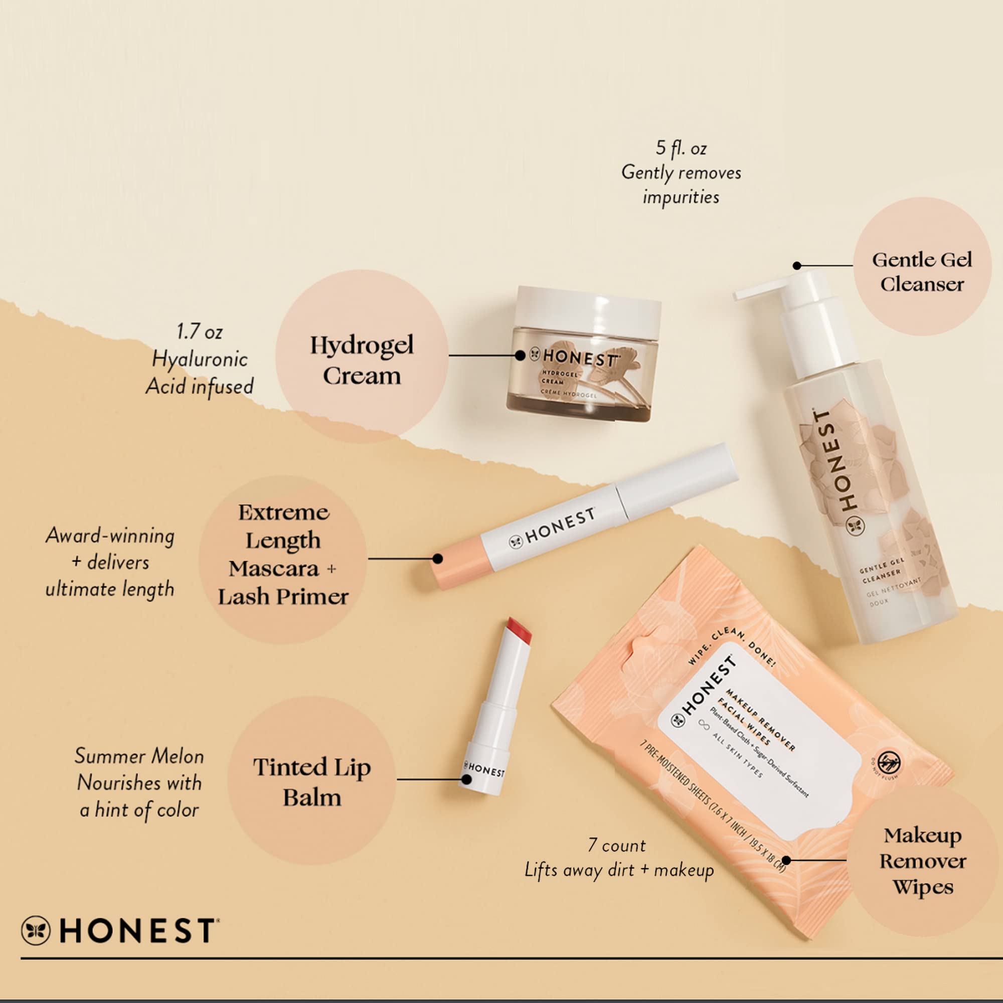 Honest Beauty Fresh Face Bestsellers Kit | Exclusive | Gentle Gel Cleanser, Hydrogel Cream, Extreme Length Mascara + Primer, Tinted Lip Balm, Makeup Remover Wipes | Vegan + Cruelty free