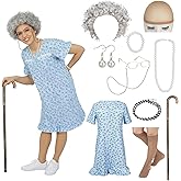 MY-LADY Old Lady Costume 10PCS Set Grandma Costume Granny Outfit Nightgown Wig 100 Days of School Halloween Cosplay