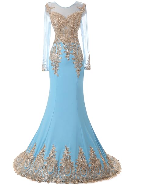 Erosebridal Lange Ärmel Abendkleider Gold Applikationen Meerjungfrau Ballkleid