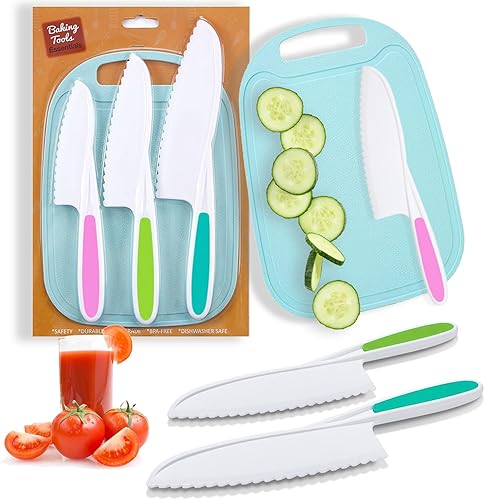 Kids' Baking Supplies - GONEJALL Kids Knife Set for Real Cooking, 4 Pieces Toddler Knife Set, Nylon Kitchen Baking Knife with Cutting Board, Firm Grip, Serrated Edges Kids Knives for Cutting Cakes, Fruit, Veggies & Bread