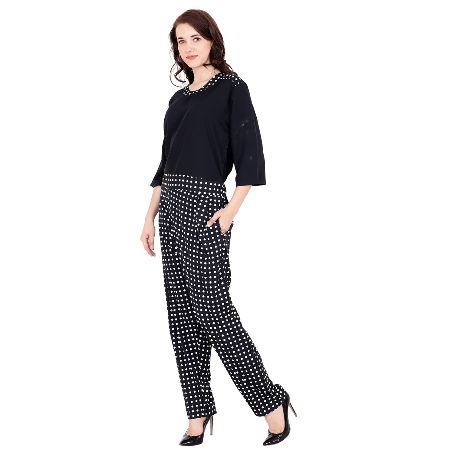 my swag women's crepe round neck dot print jumpsuit