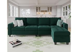 Belffin Velvet Reversible Sectional Sofa with Chasie Convertible L Shaped 4-seat Sectional Couch with Storage Ottoman Green