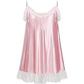 ABAFIP Men's Sissy Nightwear Satin Shiny Ruffle Lace Mini Nightdress Spaghetti Strap Crossdress Nightgown