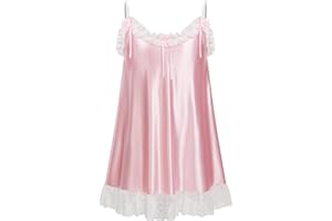 ABAFIP Men's Sissy Nightwear Satin Shiny Ruffle Lace Mini Nightdress Spaghetti Strap Crossdress Nightgown