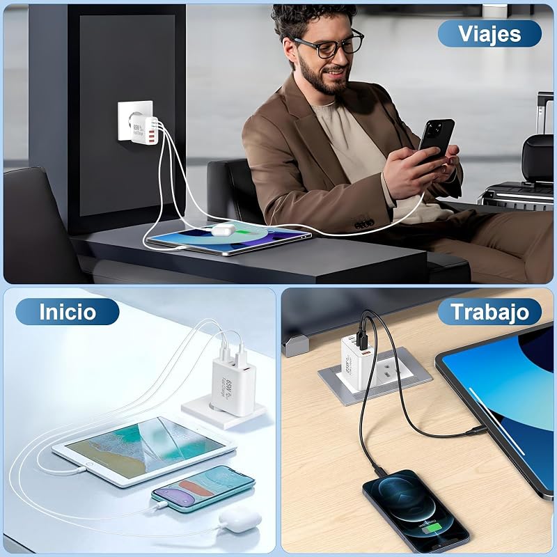 Cargador Carga Rapida USB C 65W 6 Puertos rapido, Múltiple 25W (MAX) Rápido Enchufe Adaptador, Tipo C Movil para iPhone 17 16 15 14 13 12 11 Plus Pro MAX X XS XR, para iPad, para Samsung Charge