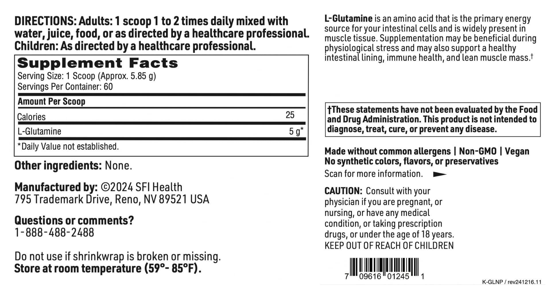 Klaire Labs SFI Health L Glutamine Powder - 5000mg Free-Form & Hypoallergenic Amino Acid - Supports Muscle Recovery, Immune Support and GI Health - Non Dairy & Gluten Free (351 G / 60 Servings)