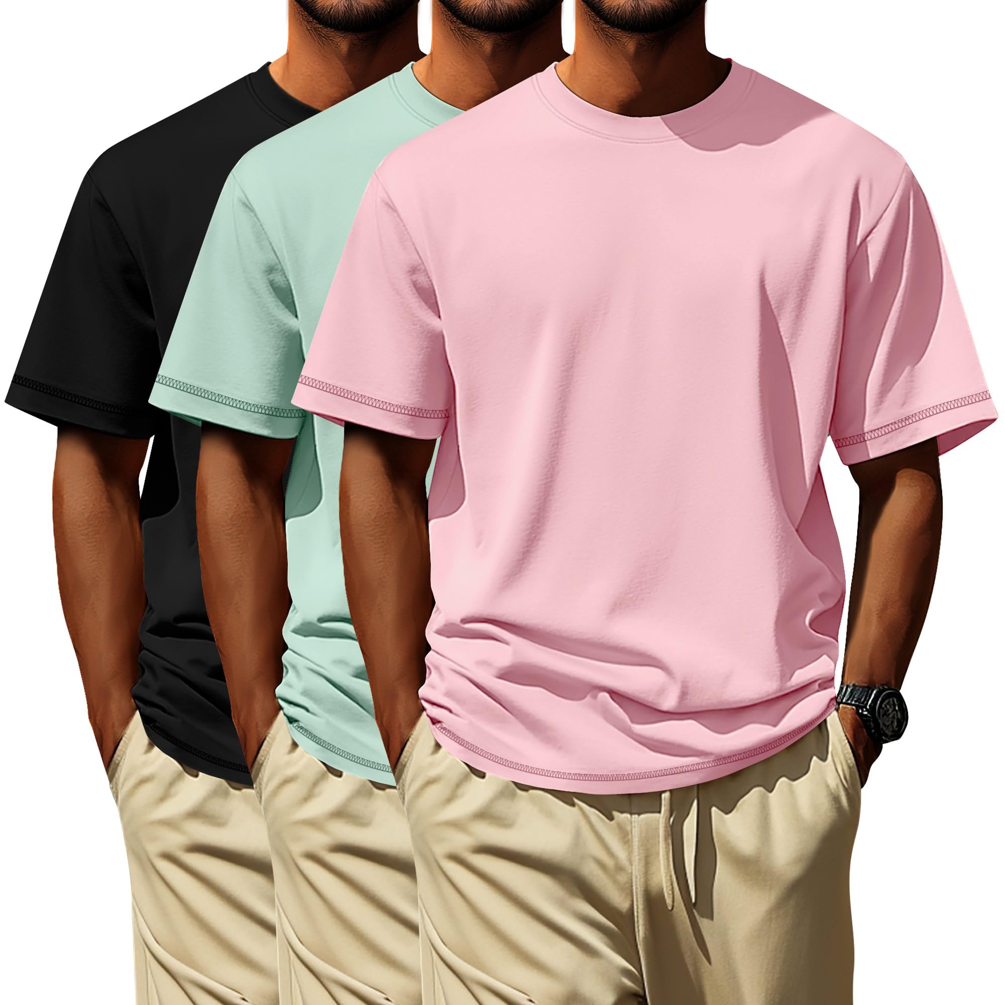 Photo 1 of Neer 3 Pack Big and Tall Shirts for Men L-5XL, Oversized Cotton Crewneck Tops Loose Casual Large T-Shirts Summer Basic Tee(Black, Light Green, Pink,5X-Large)