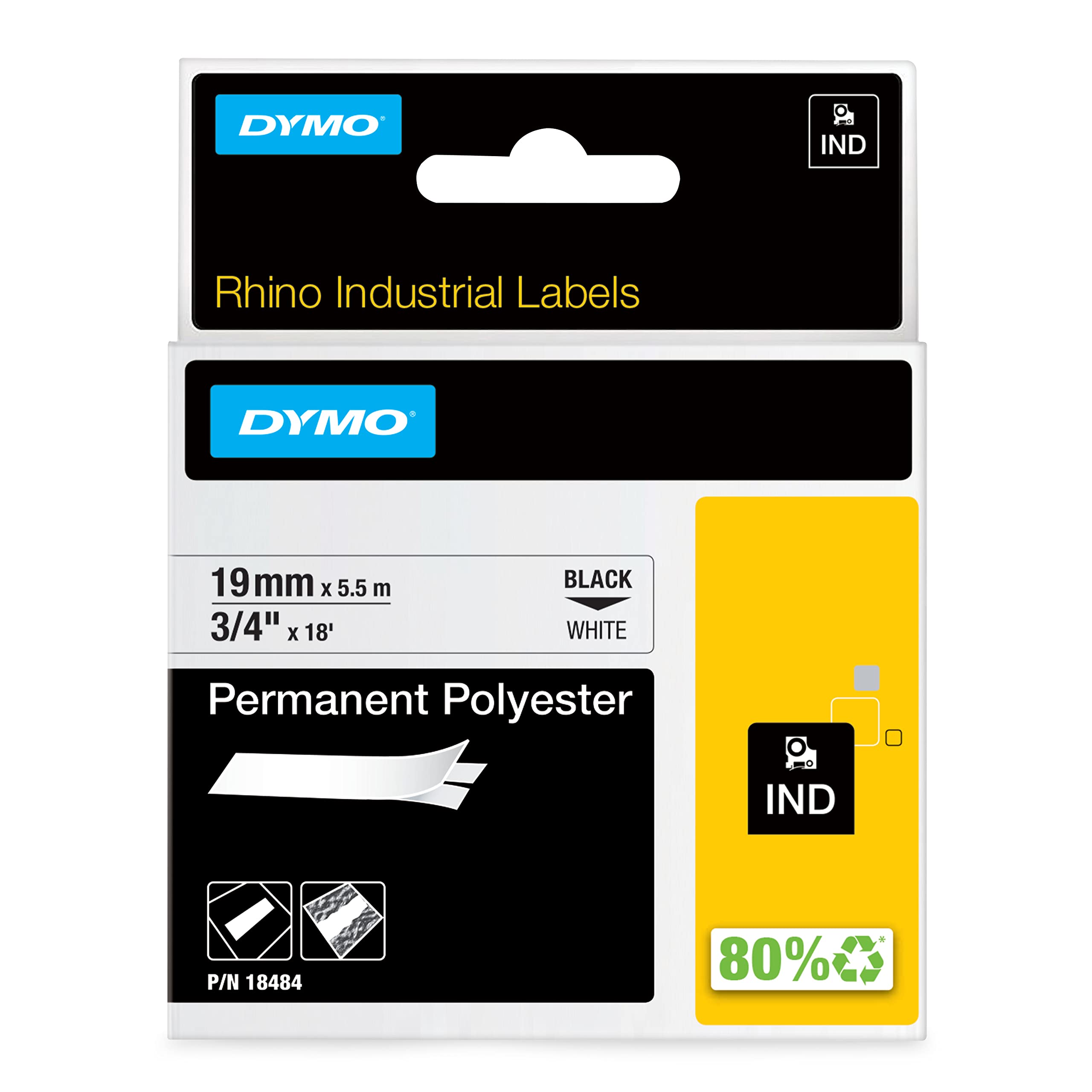 DYMO Rhino Industrial Permanent Polyester Labels | 19mm x 5.5m | Black Print on White | Self-Adhesive | for Rhino & LabelManager Label Makers