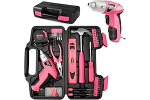JENABOM Pink 112pcs Electric Screwdriver Tool Set, Home Tool Kit with 3.6V Small Power Cordless Screwdriver for Women