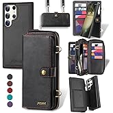 QIXIU for Samsung Galaxy S25 Ultra Wallet Case,Multi-Function Wallet Case, Detachable 3 in 1 Magnetic Galaxy S25 Ultra Case Wallet,Flip Strap Zipper Card Holder Phone Case with Shoulder Straps(Black)