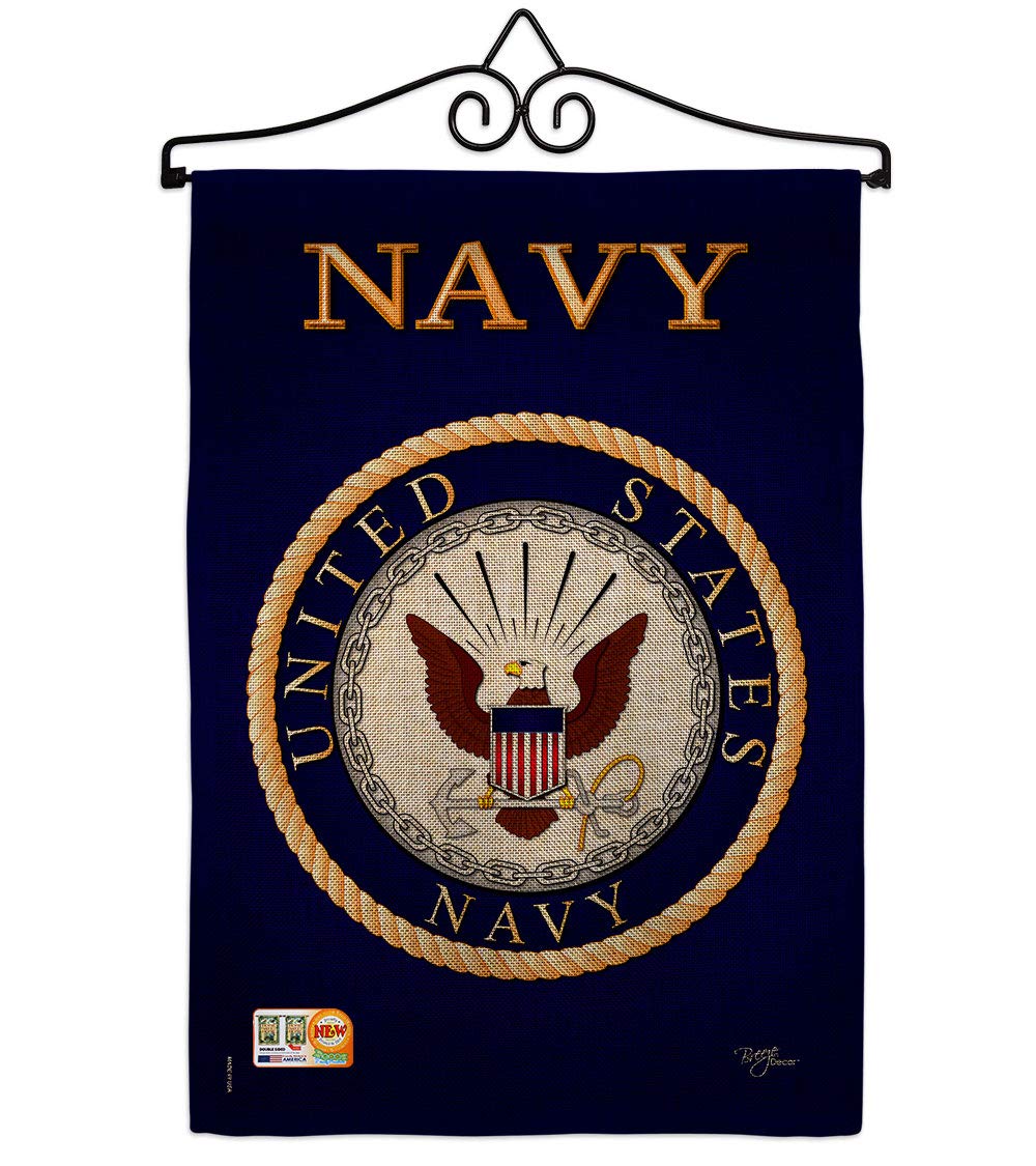 Navy Burlap Garden Flag - Set Wall Hanger Armed Forces USN Seabee United State American Military Veteran Retire Official - House Decoration Banner Small Yard Gift Double-Sided Made In USA 13 X 18.5 Image