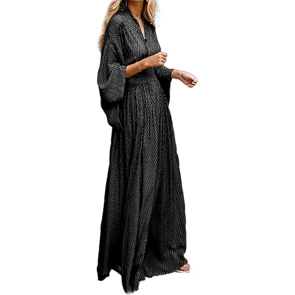 Boho Empire Waist Dress for Women Casual Loose Fit Flare Long Sleeve  Smocked Ruffled Maxi Dress Vintage V Neck Printed Plus Size Swing Hem Flowy  Floor Length Dress for Wedding Guest S