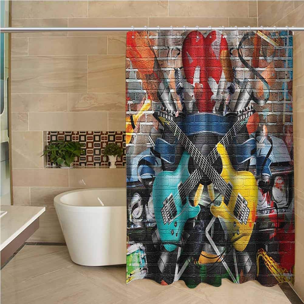 Music Odorless Waterproof Shower Curtain Collage of Music Color and Musical Instruments Street Wall Art Joyful Nostalgia Print Large Home Decoration W78 x L70 Inch Multicolor