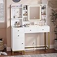 AOGLLATI Makeup Vanity with Lights in 3 Colors, White Vanity Desk with Mirror and Lights, Vanity Table with Charging Station, Makeup Desk with Visible Drawers, Hidden and Open Storage Shelves