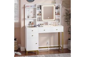 AOGLLATI Makeup Vanity with Lights in 3 Colors, White Vanity Desk with Mirror and Lights, Vanity Table with Charging Station, Makeup Desk with Visible Drawers, Hidden and Open Storage Shelves