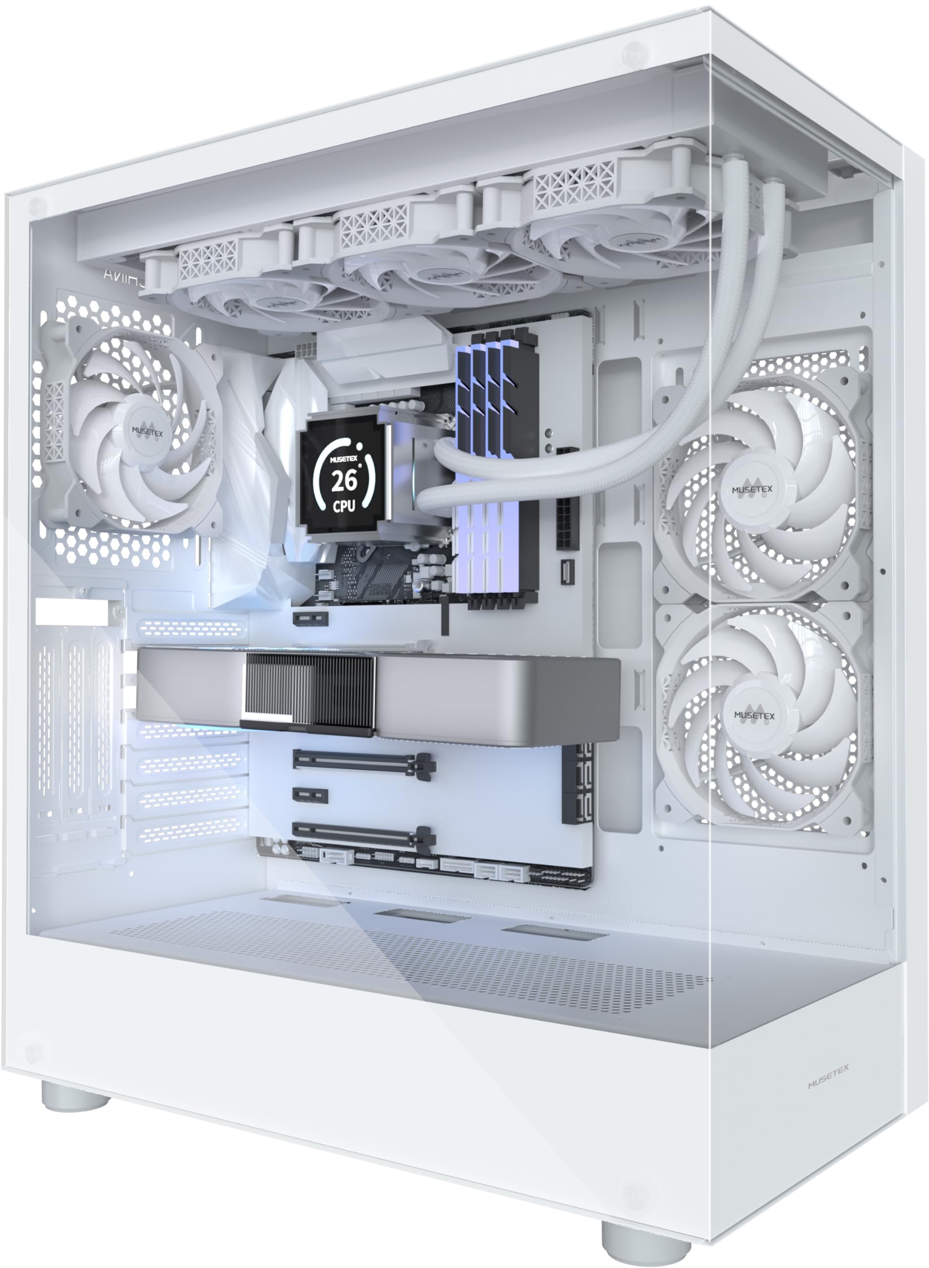 MUSETEX PC CASE ATX 3 Non-LED Fans Pre-Installed, Type-C Mid Tower Computer Case with Full View Dual Tempered Glass, Gaming PC Case,White(K2)