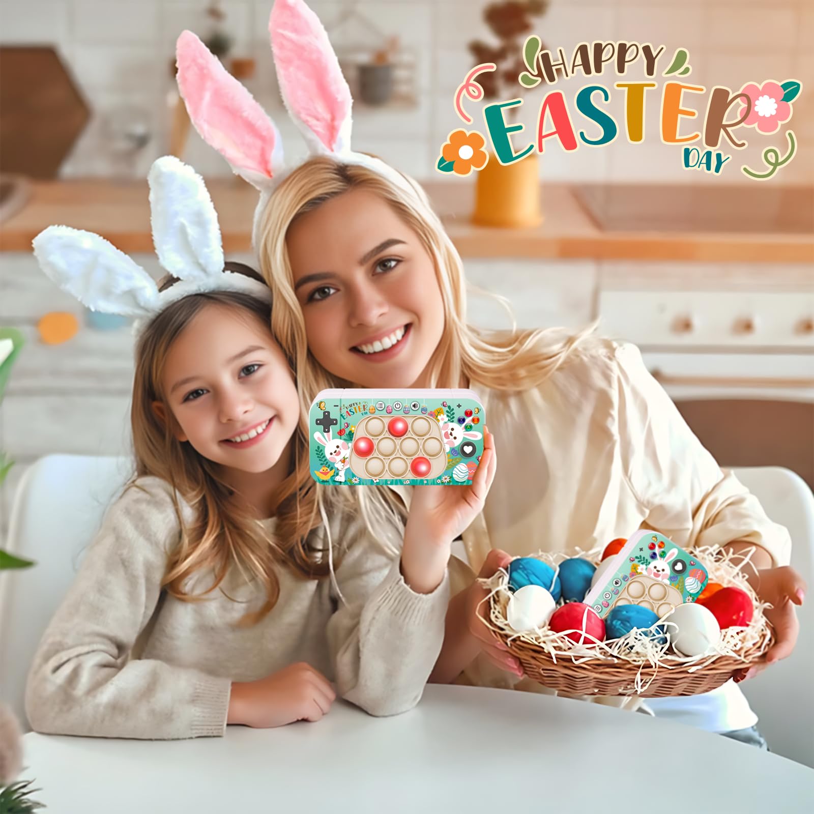 Exun Easter Quick Push Game Fidget Toys, Easter Basket Stuffers, Handheld Puzzle Pop Game Machine Sensory Bubble Stress Toy | Happy Easter Egg Bunny Chick Design for Kids Boys Girls