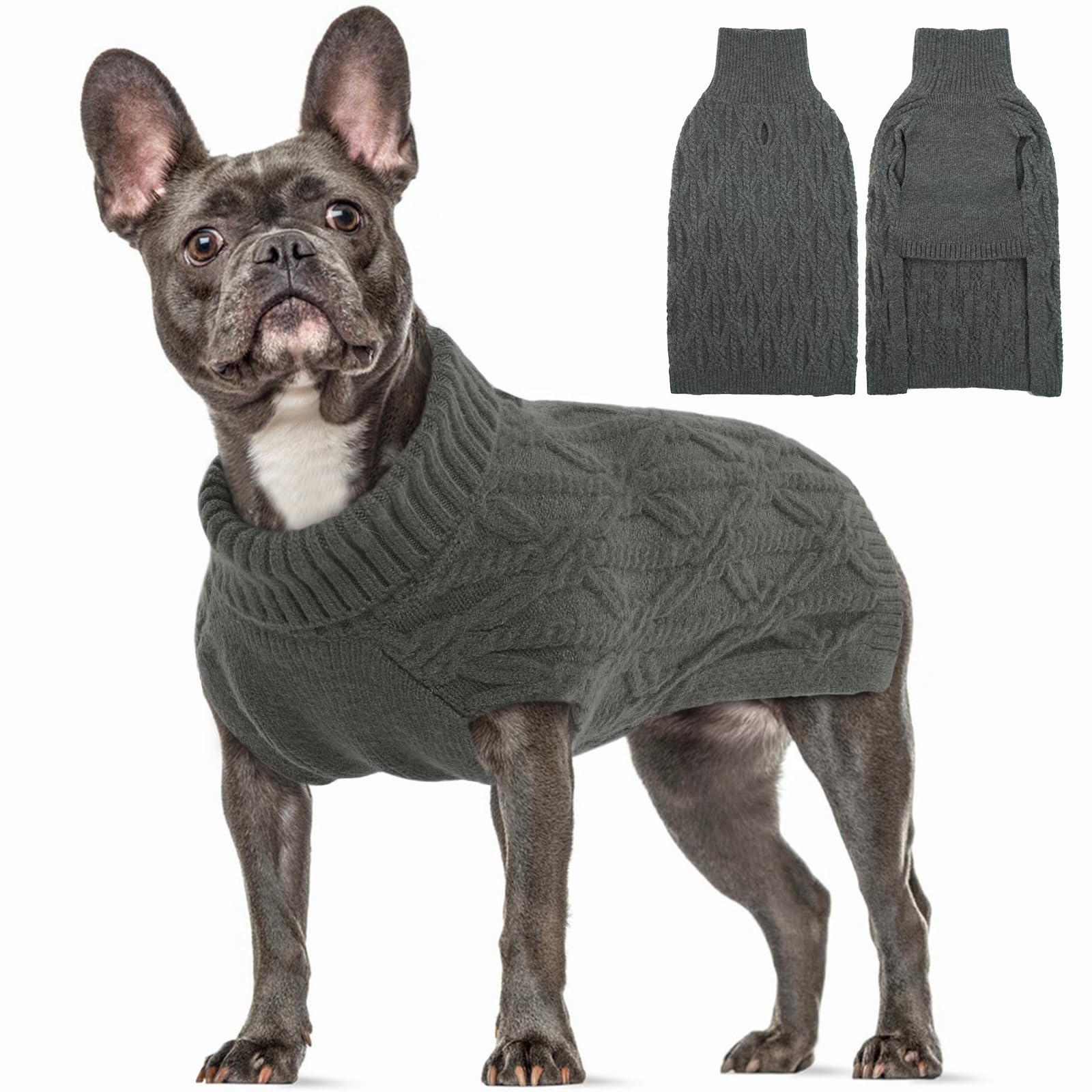 Small Dog Sweater, Soft Turtleneck Knitted Jumper Winter Puppy Clothes with Leash Hole Fall Sweaters for Small Dogs Doggie Sweatshirt Pitbull Sweater(Grey, S)
