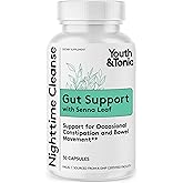 Youth &amp; Tonic Colon Cleanse &amp; Constipation Relief, Senna Leaf Laxative | Nighttime Gut Cleanse, Bowel &amp; Colon Detox, Women, Men, Senna Leaf, Psyllium Husk, Cascara Sagrada, Intestinal Cleanse, 30 Ct