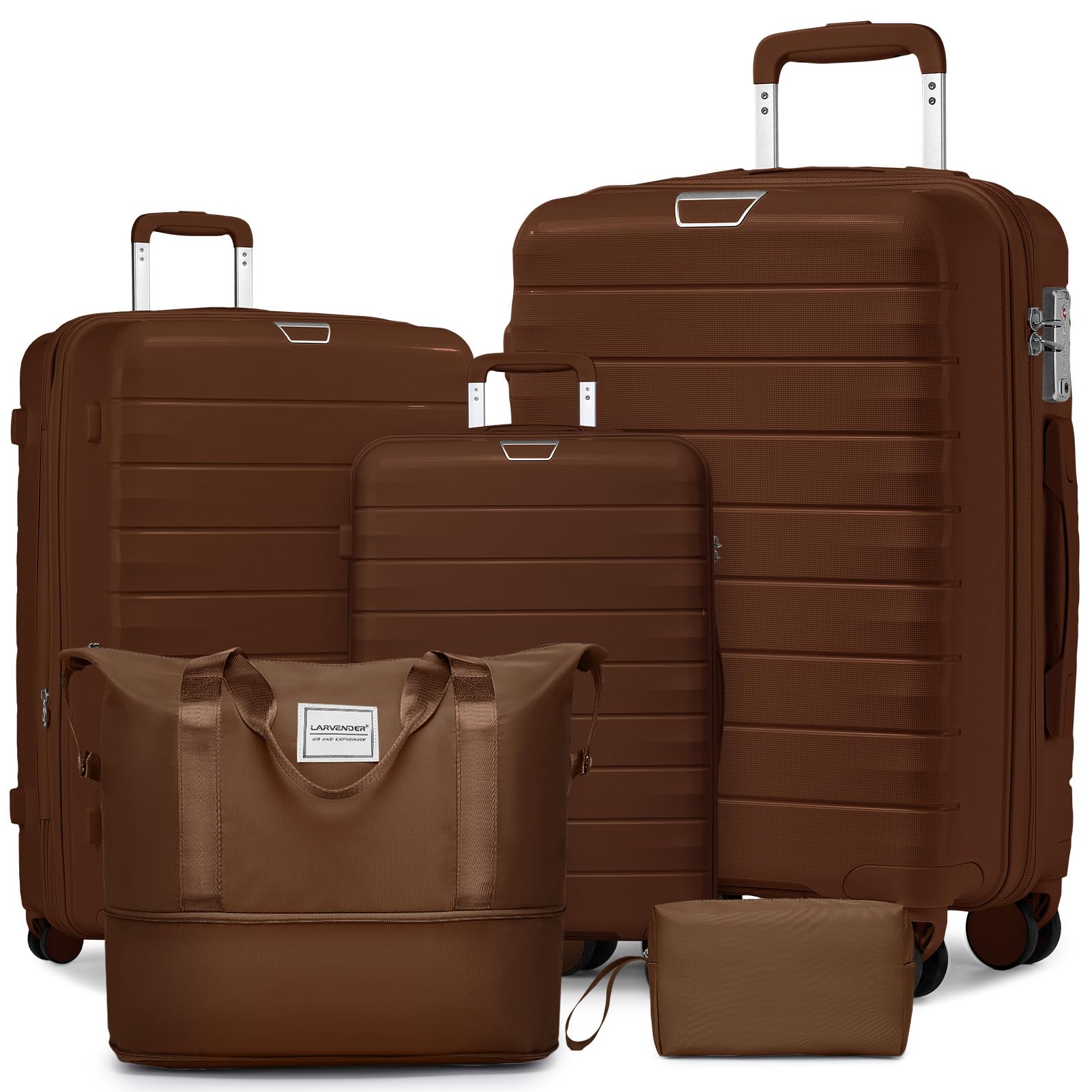LARVENDER Luggage Sets 5 Piece with Duffel Bag Expandable(Only 28 inch) Hardside PP carry on luggage with 360° Spinner Wheels TSA Lock for Men Women, Maple Image