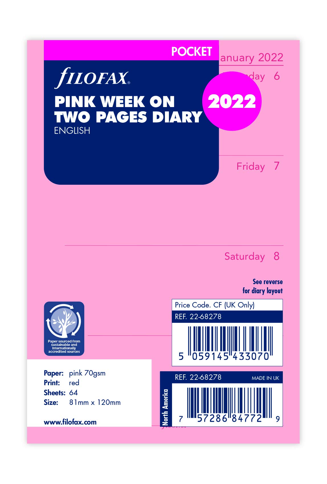 Filofax Pocket Week on Two Pages 2022 Diary Refill - Pink