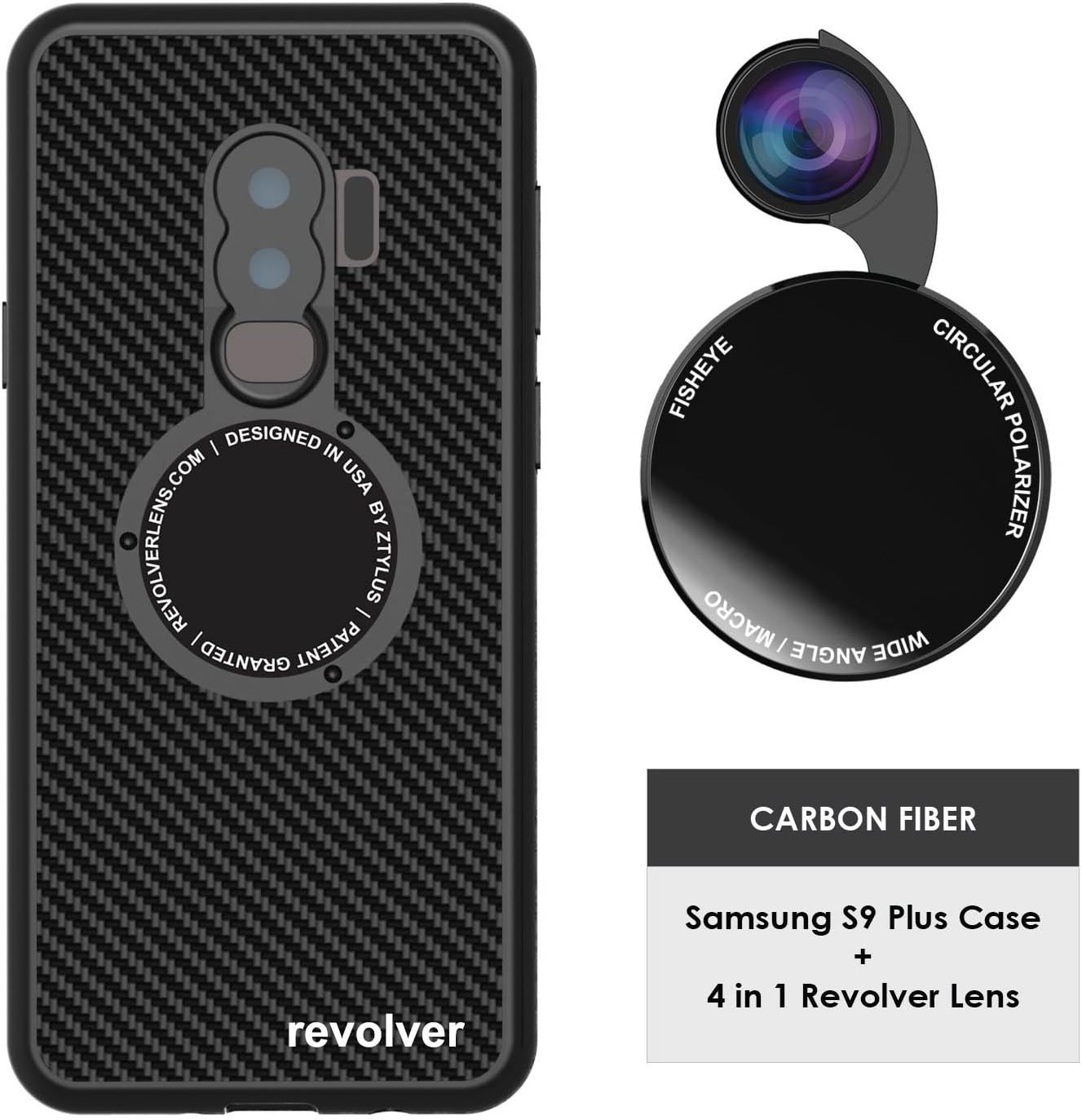 Ztylus Revolver M Series Camera Kit: 4 in 1 Lens with Case for Samsung Galaxy S9 Plus – Fisheye Lens, Wide Angle Lens, Macro Lens, CPL (Black Carbon Fiber)