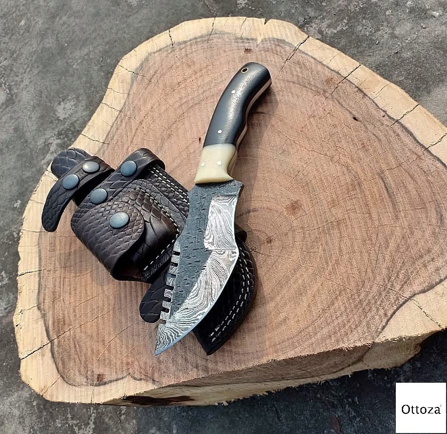 Ottoza Handmade Damascus Tracker Knife with Cow Horn + Bone Handle