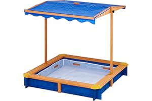 Teamson Kids Outdoor 46 in. x 46 in. Spruce Sand Box with Adjustable Canopy and 300 lb. Sand Capacity, Blue and Wood