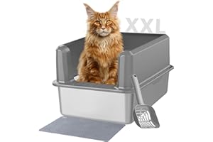 Stainless Steel Litter Box, 60 x 40 x 30 cm XL Large Metal Cat Litter Box with High Enclosed Side for Big Cats, Non-Stick, An