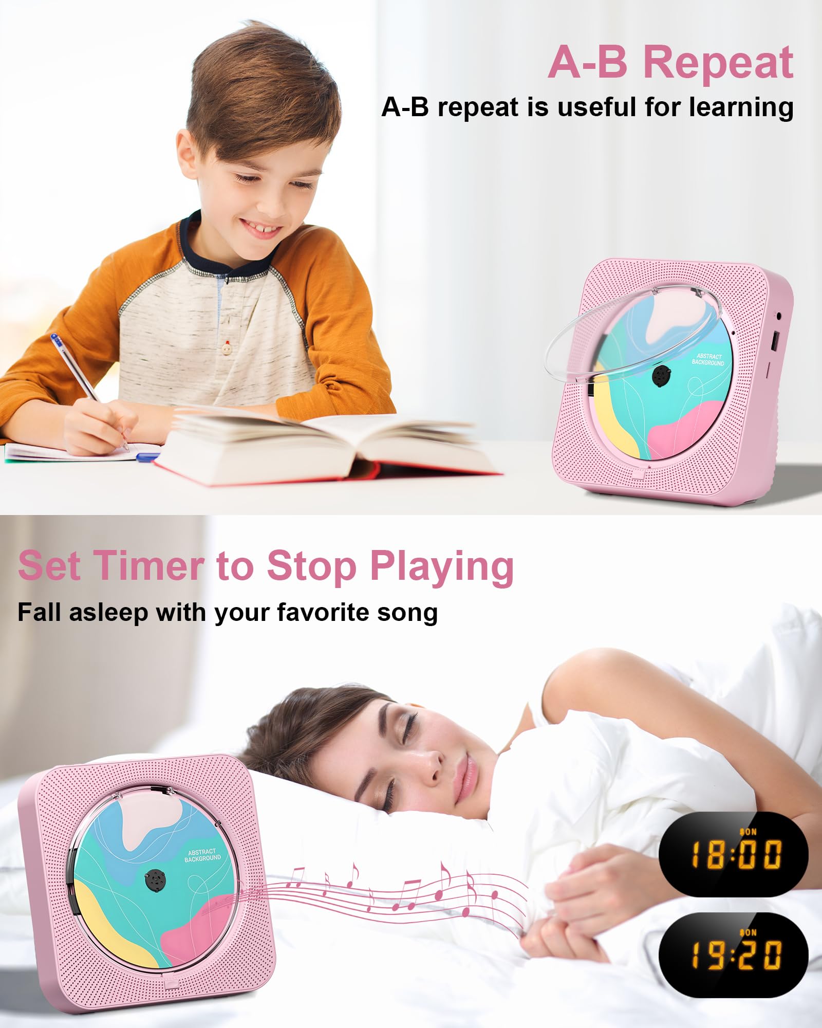 CD Player Portable with Bluetooth 5.1Desktop CD Player with HiFi Sound Speakers,Remote Control,Dust Cover,LED Display,Boombox FM Radio,USB/AUX for Home (Pink)