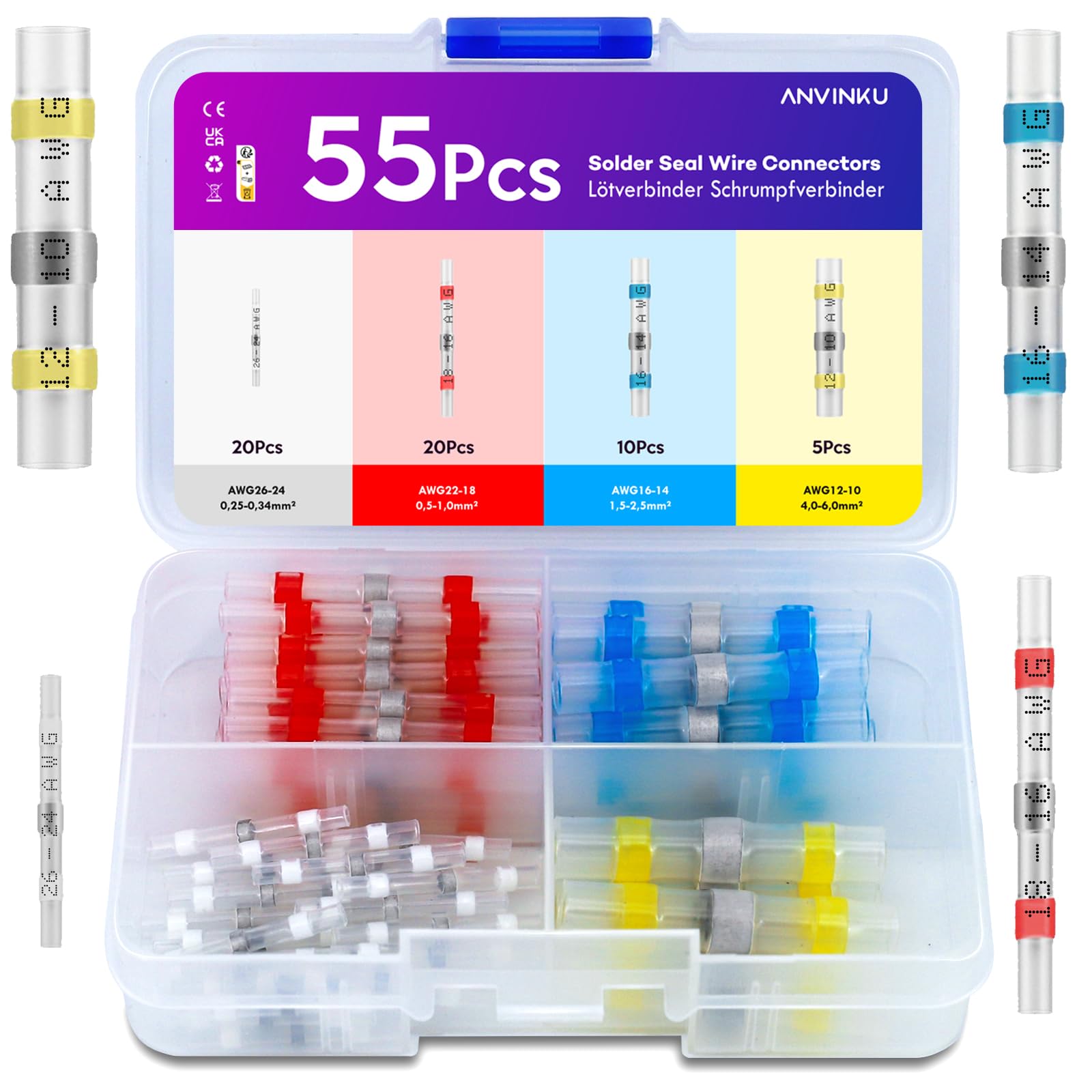 ANVINKU 55pcs Solder Seal Wire Connectors, Heat Shrink Connectors, 4 Types Waterproof Solder Joints Heat Shrink for Marine Vehicle Electrical Engineering