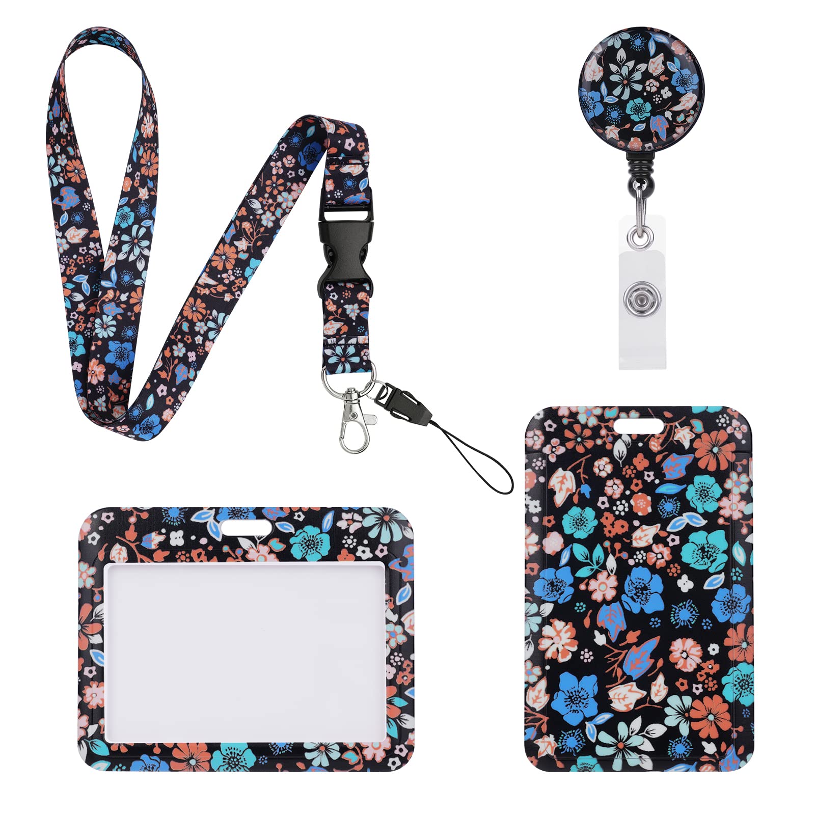 Vicloon 2Pcs ID Badge Holder with Retractable Reel and Detachable Lanyard Strap Hard Card Protector for Women Nurse Teacher Student (Floral) — image 1