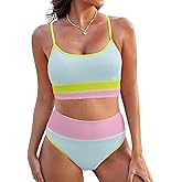 Herseas Women 2 Piece Bikini Set High Waisted Color Block Swimsuit 2025 Summer Beach Scrunch Ribbed Bathing Suit