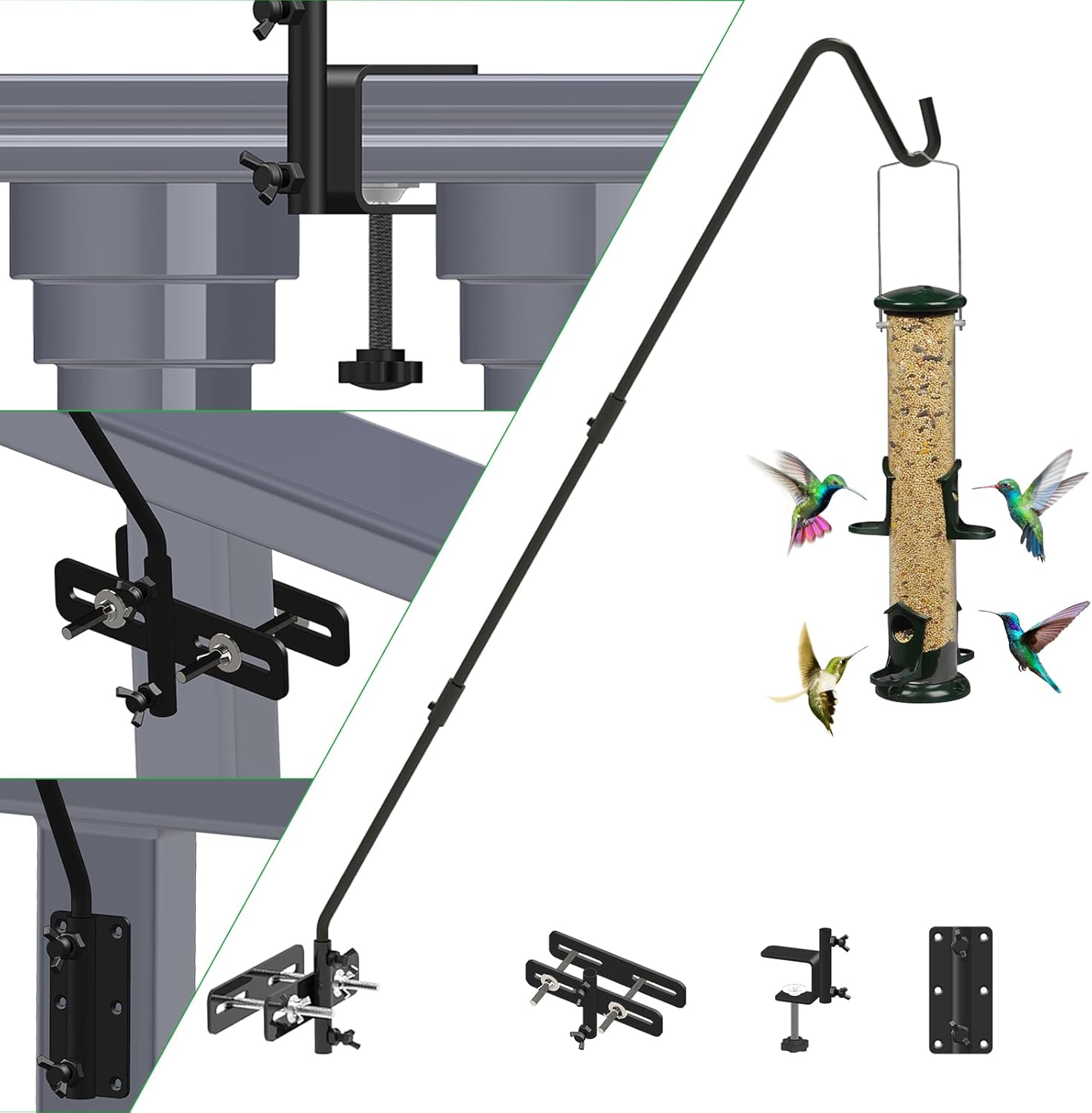 Outdoor Hanging Brackets - Extended Bird Feeder Hook, 3 in 1 Heavy Duty Deck Hook, Vertical Deck Rail or Wall Mounted Plant Bracket, 360° Rotary & Length Adjustable, for Balcony Porch Fence Planters Suet Baskets Lanterns