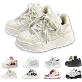 Women Chunky Sneakers, Star Decor Dad Shoes, Unisex Couples Girls Oversize Thick Sole School Casual Wear Lace-Up Mesh Upper