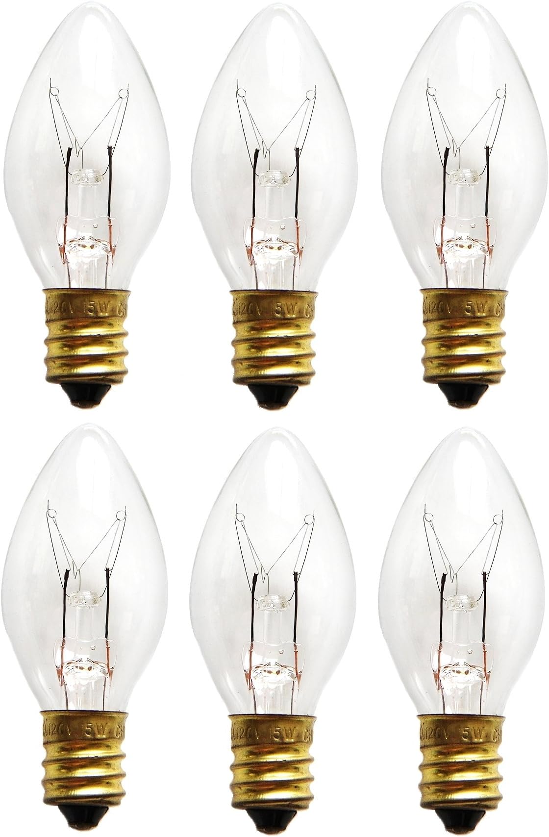 Pack of 6 - Durable C7 15 Watt E12 Brass Base Incandescent Candelabra Salt Lamp Bulbs