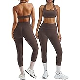 OMKAGI 2 Piece Workout Sets for Women Halter Sports Bras Gym Sets Booty Leggings Outfits