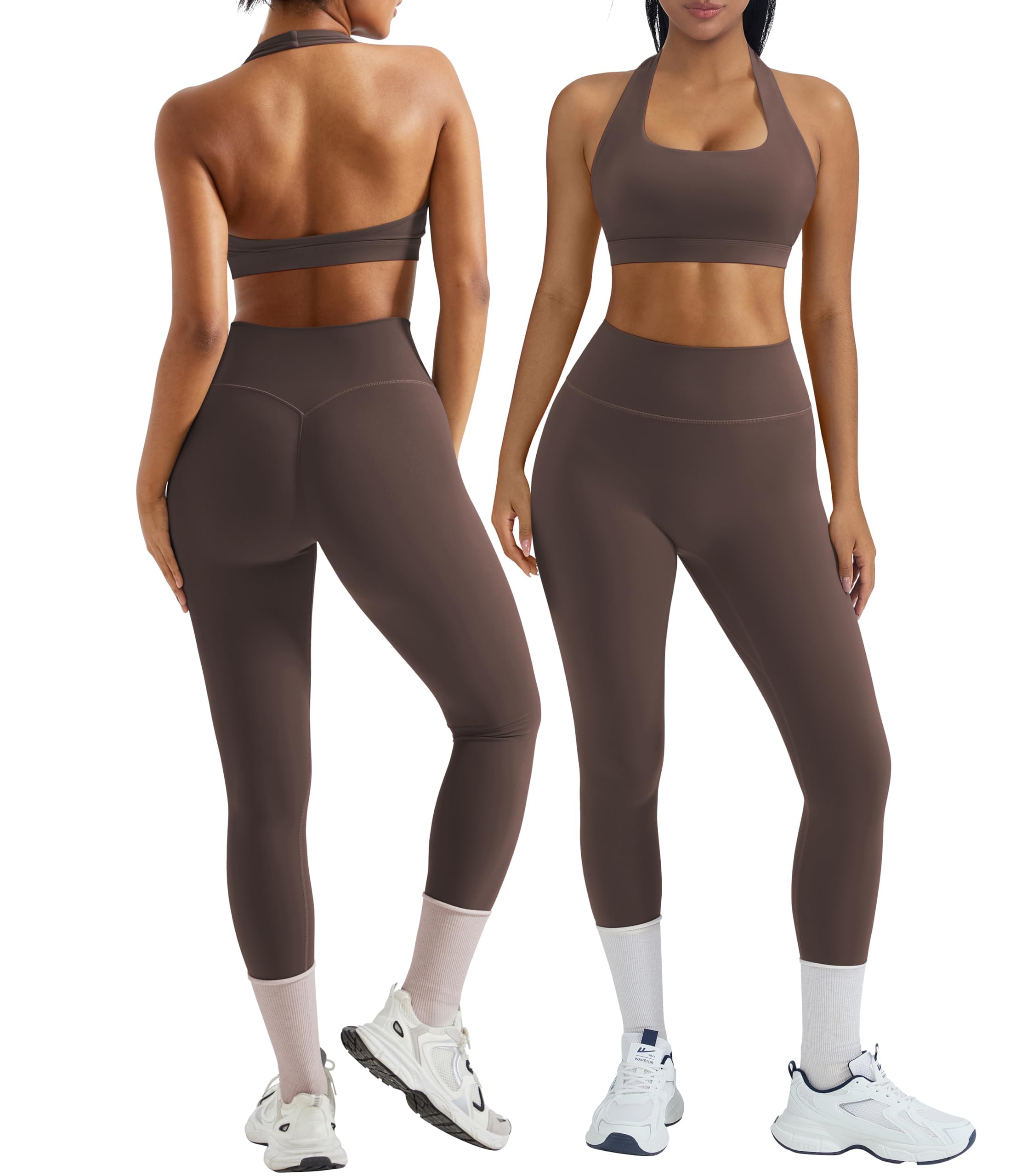 Photo 1 of ** ONLY PANTS ** OMKAGI 2 Piece Workout Sets for Women Halter Sports Bras Gym Sets Booty Leggings Outfits (S,447-Brown)