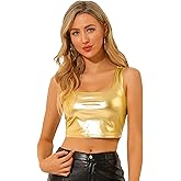 Allegra K Women's U Neck Sleeveless Halloween Party Clubwear Holographic Shiny Metallic Crop Top