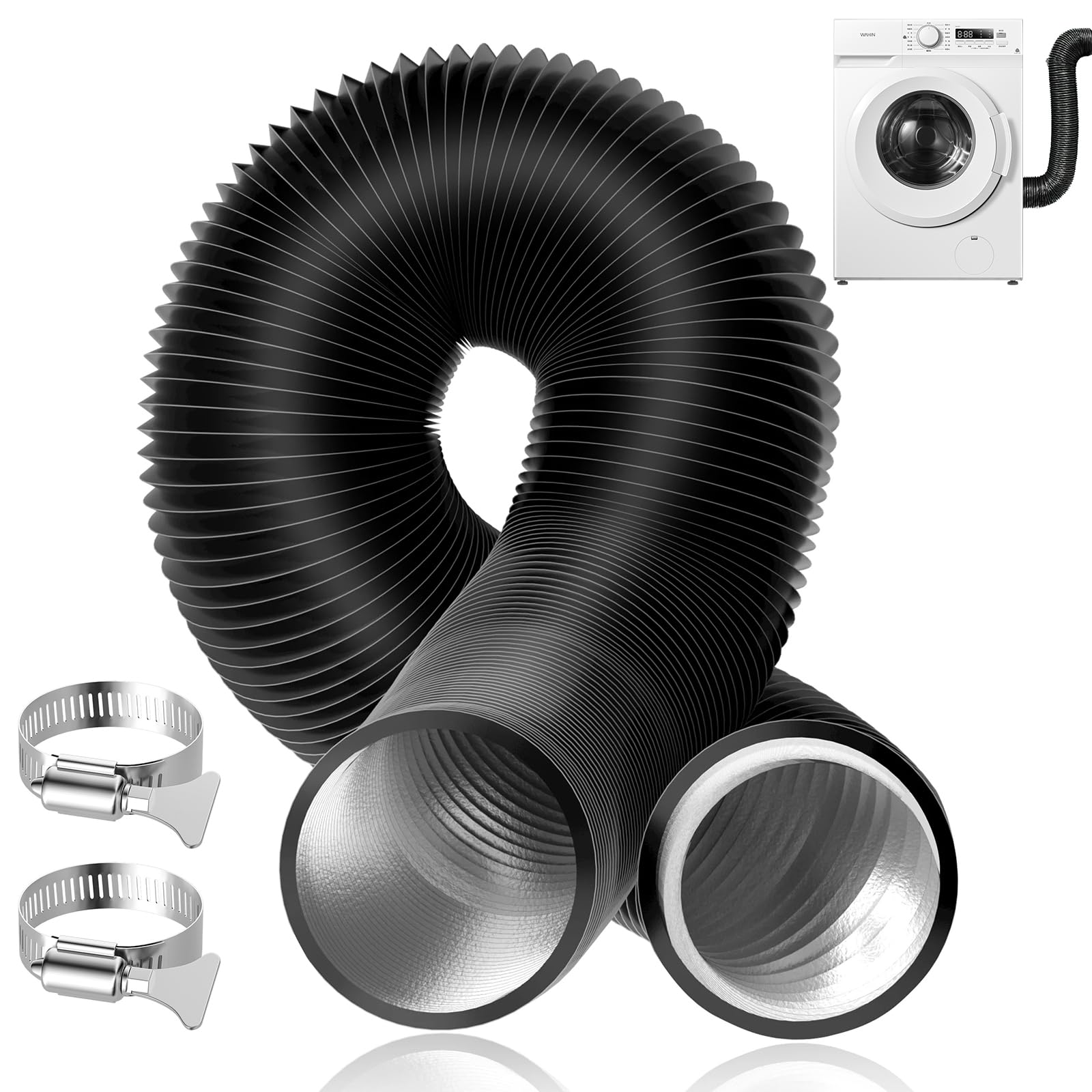 DAWRIS 100mm/4-Inch PVC Aluminum Dryer Vent Hose - 10FT (3m) Long Flexible Air Ducting With 2 Clamps for Clothing, Tumble Dryer, Air Conditioner, Cooker Hood - Black