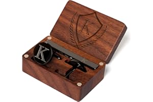 PROPHET CLUE PC Mens Initial Cufflinks and Tie Clip A-Z Alphabet Letter Black Stainless Cuff Links Tie Bar with Engraved Walnut Wood Box Groom Groomsman Wedding Set