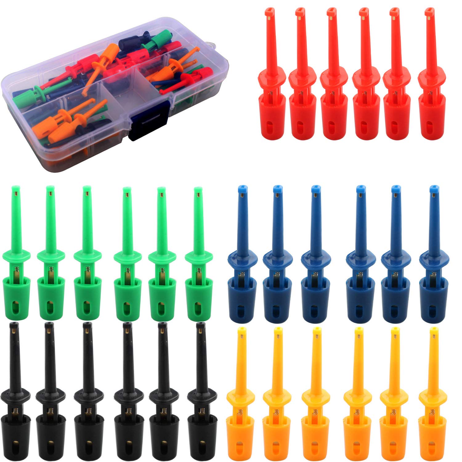 RUNCCI-YUN 30Pcs Mini Test Hook Probe Spring Clip,Multimeter Wire Lead Test Hook Clip Electronic Mini Test Probe Set, Probe Grabber,for PCB SMD IC(Red Blue Black Yellow Green) (Small Test Hook)
