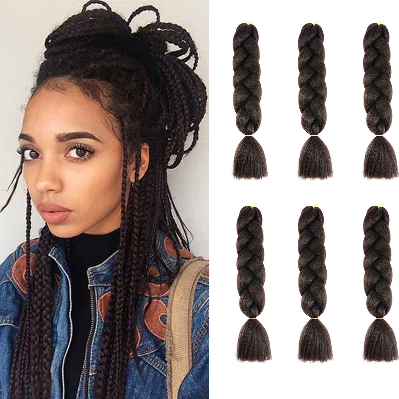 Cybelleza 6 Pcs /600g 24" Braiding Hair Extensions Jumbo Braids Synthetic Crochet Hair Afro Box Braid Heat Resistent (Medium Brown)